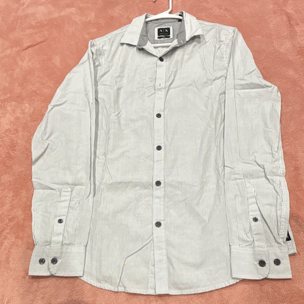 Armani Exchange Men's Slim Fit Gray White Check Long Sleeve Point Collar Shirt M